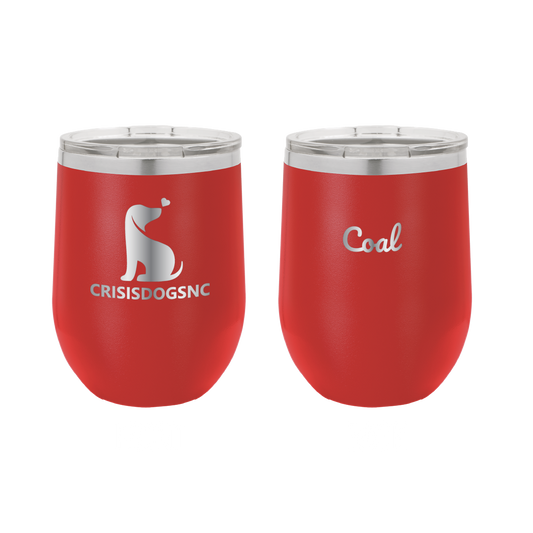 Red laser engraved wine tumblers featuring the Crisis Dogs NC logo, as well as personalized with the name, "Coal."