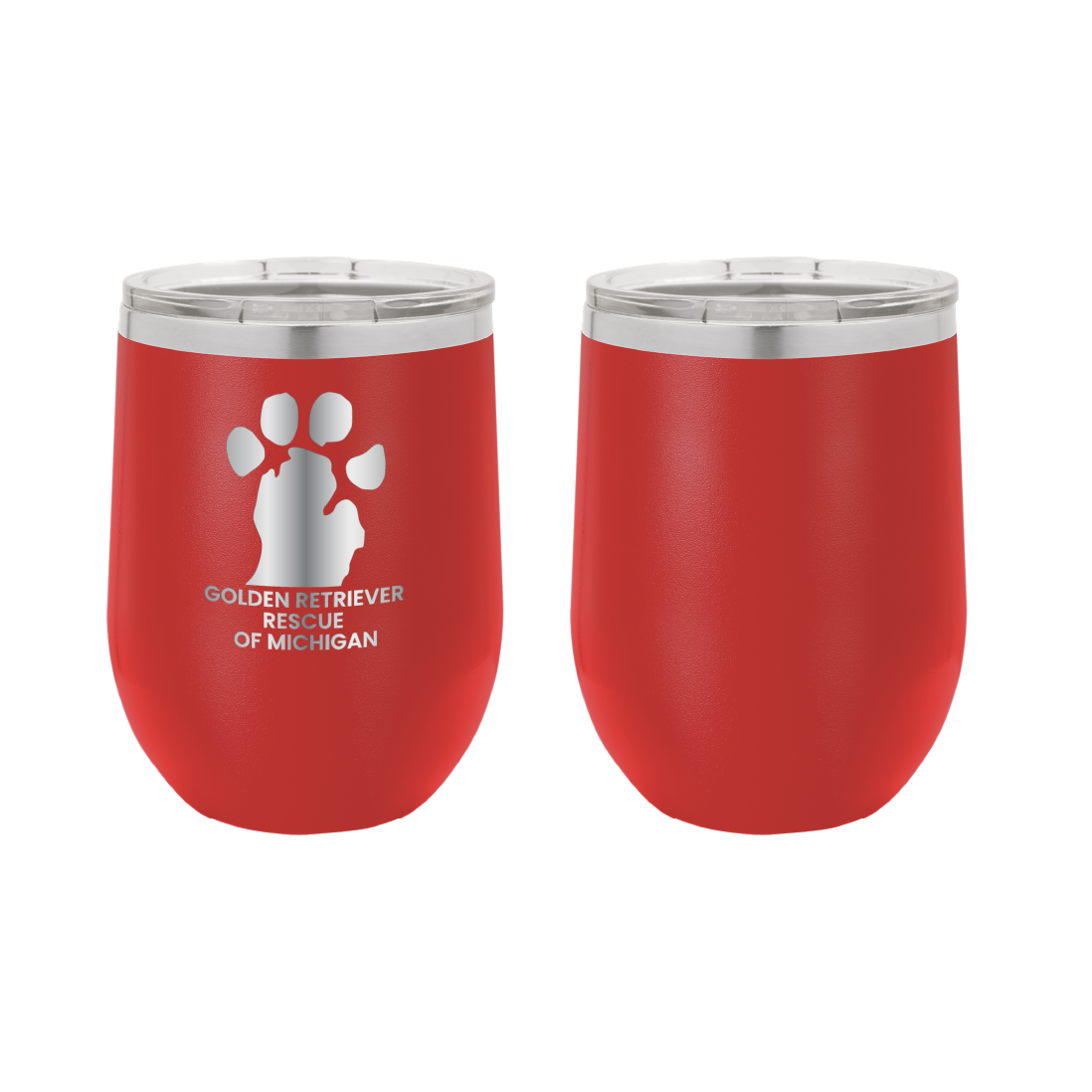 Red 12 oz Wine tumbler featuring the Golden Retriever Rescue of Michigan logo