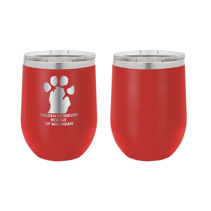 Red 12 oz Wine tumbler featuring the Golden Retriever Rescue of Michigan logo