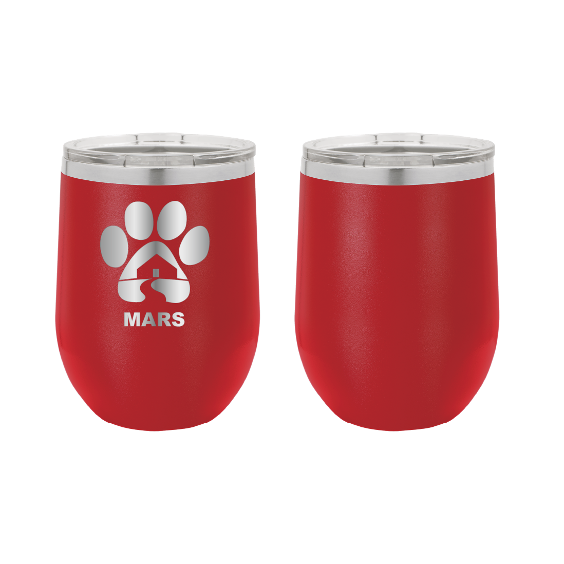 Red 12 ounce laser engraved wine tumbler with the Midwest Animal Rescue & Services (MARS) logo.