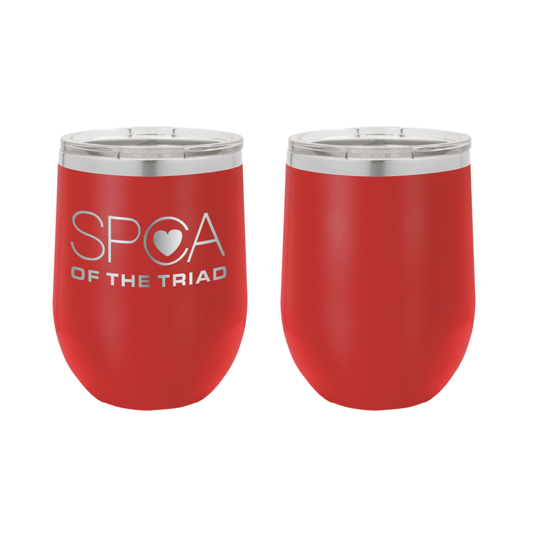 Red 12 oz Laser engraved wine tumbler featuring the SPCA of the Triad logo. 
