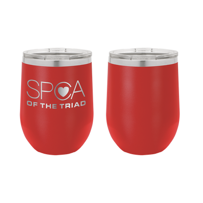 Red 12 oz Laser engraved wine tumbler featuring the SPCA of the Triad logo. 