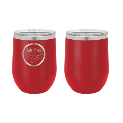 Red 12 oz wine tumbler laser engraved  tumbler featuring the Take Paws Rescue logo