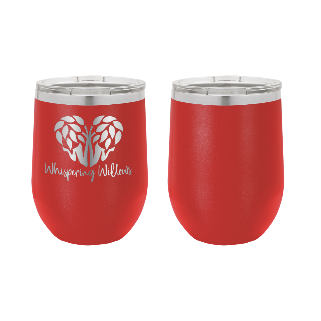 Laser engraved 12 oz wine tumbler featuring the Whispering Willows logo. In red.