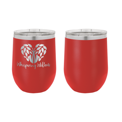 Laser engraved 12 oz wine tumbler featuring the Whispering Willows logo. In red.