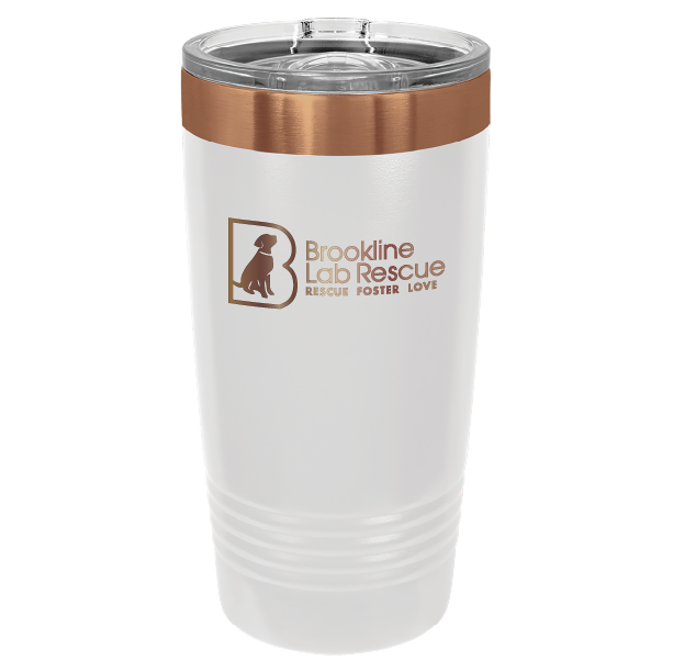 White and rose gold  laser engraved 20 ounce tumbler featuring the Brookline Lab Rescue logo