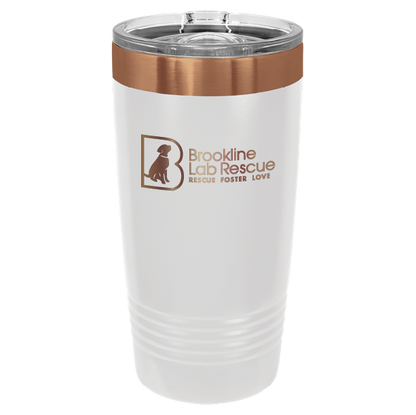 White and rose gold  laser engraved 20 ounce tumbler featuring the Brookline Lab Rescue logo