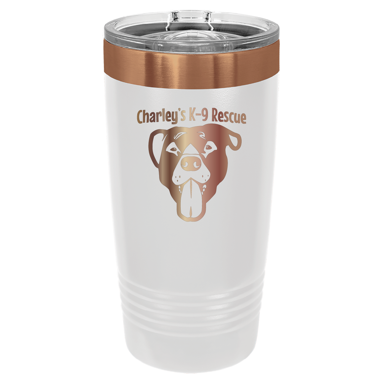 White/Copper 20 ounce tumbler laser engraved  tumbler featuring the Charley's K9 Rescue logo