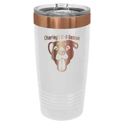 White/Copper 20 ounce tumbler laser engraved  tumbler featuring the Charley's K9 Rescue logo