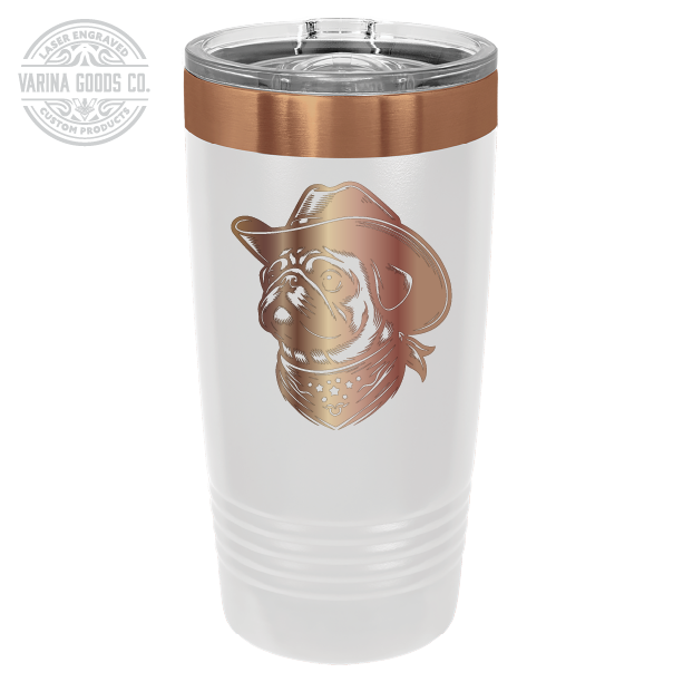 Cowboy Pug with bandana 20 laser engraved tumbler, in white and copper