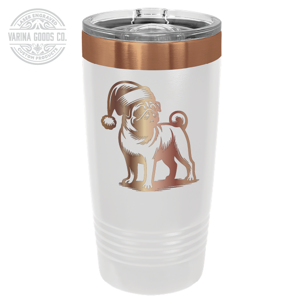 Pug wearing a Santa hat, 20 oz laser engraved tumbler, in white and copper