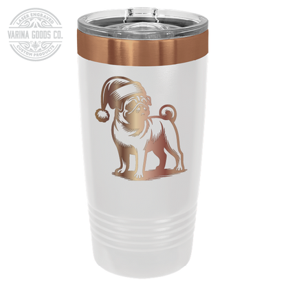 Pug wearing a Santa hat, 20 oz laser engraved tumbler, in white and copper