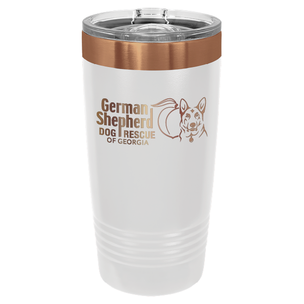 20 Oz laser engraved tumbler featuring the German Shepherd Dog Rescue of Georgia, in White and Copper