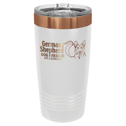 20 Oz laser engraved tumbler featuring the German Shepherd Dog Rescue of Georgia, in White and Copper