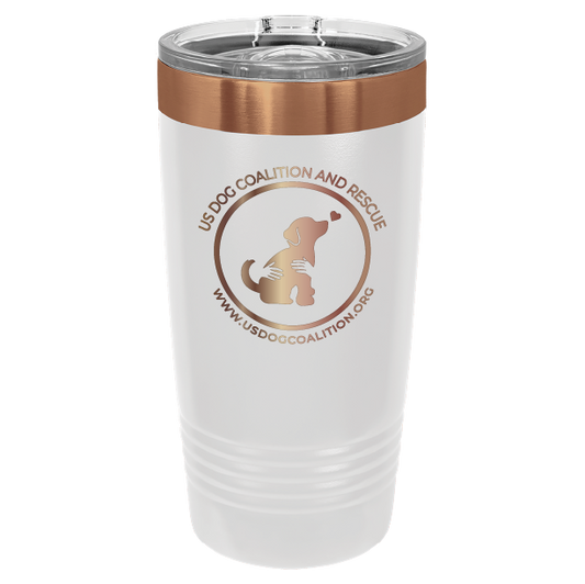 White and Copper 20 Oz Laser Engraved Tumbler featuring the US Dog Coalition logo.