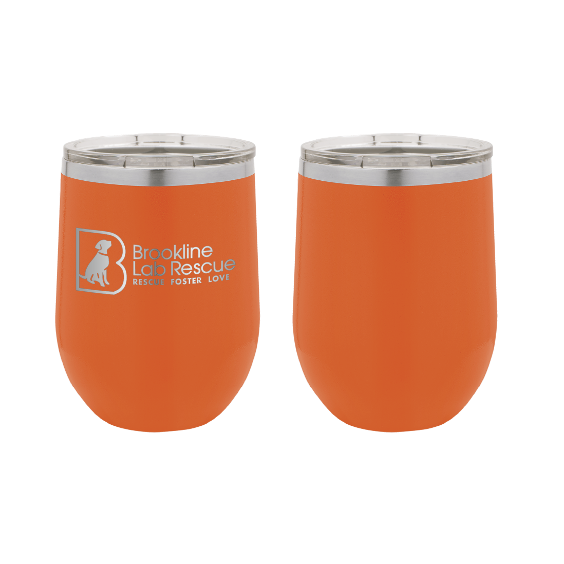 Orange laser engraved 12 oz wine tumbler featuring the Brookline Lab Rescue logo