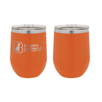 Orange laser engraved 12 oz wine tumbler featuring the Brookline Lab Rescue logo