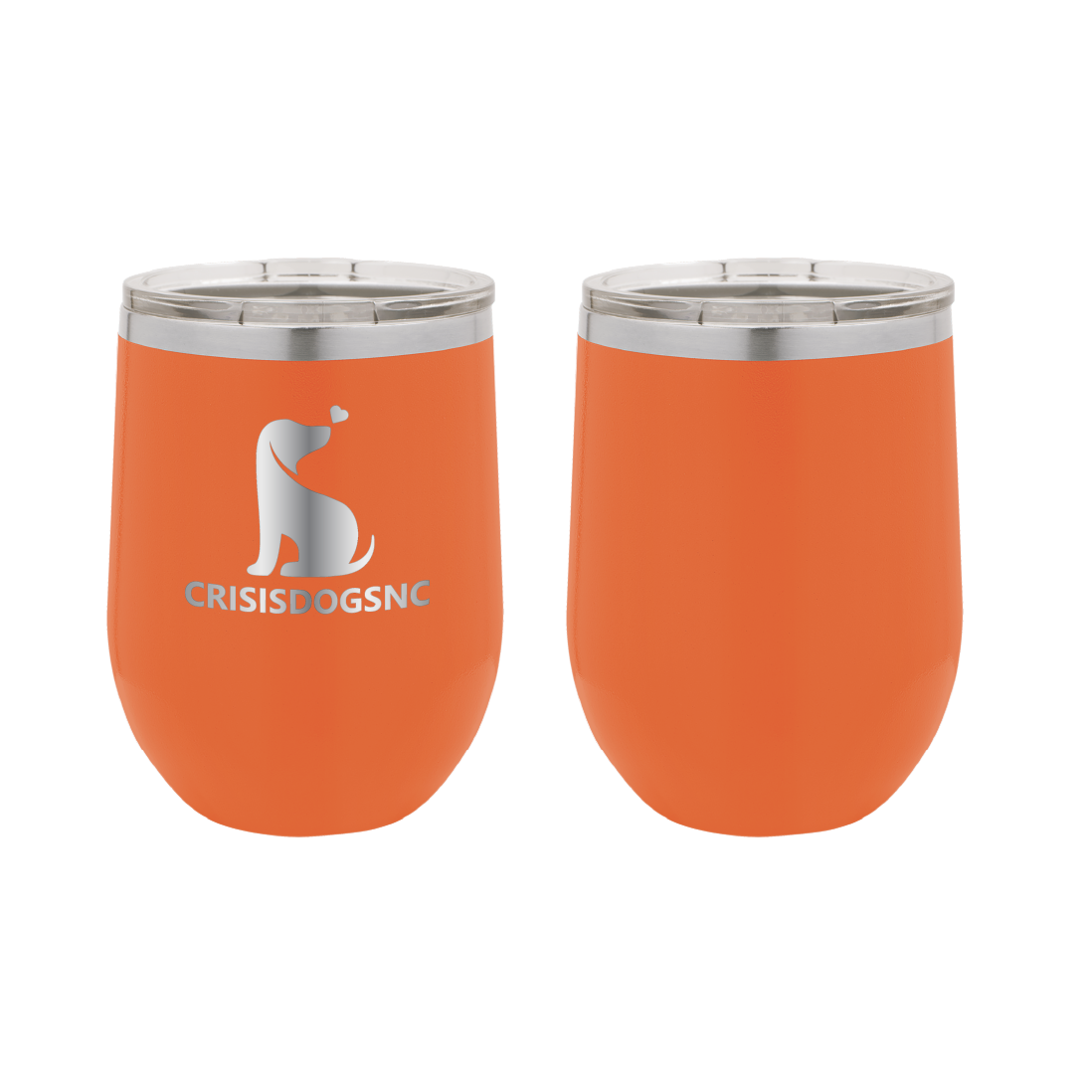 Orange laser engraved wine tumblers featuring the Crisis Dogs NC logo.