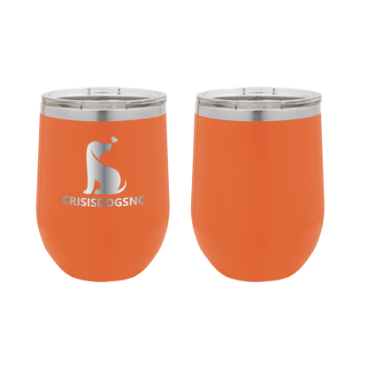 Orange laser engraved wine tumblers featuring the Crisis Dogs NC logo.