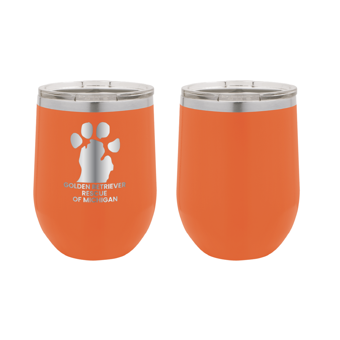 Orange 12 oz Wine tumbler featuring the Golden Retriever Rescue of Michigan logo