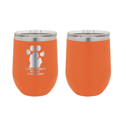 Orange 12 oz Wine tumbler featuring the Golden Retriever Rescue of Michigan logo