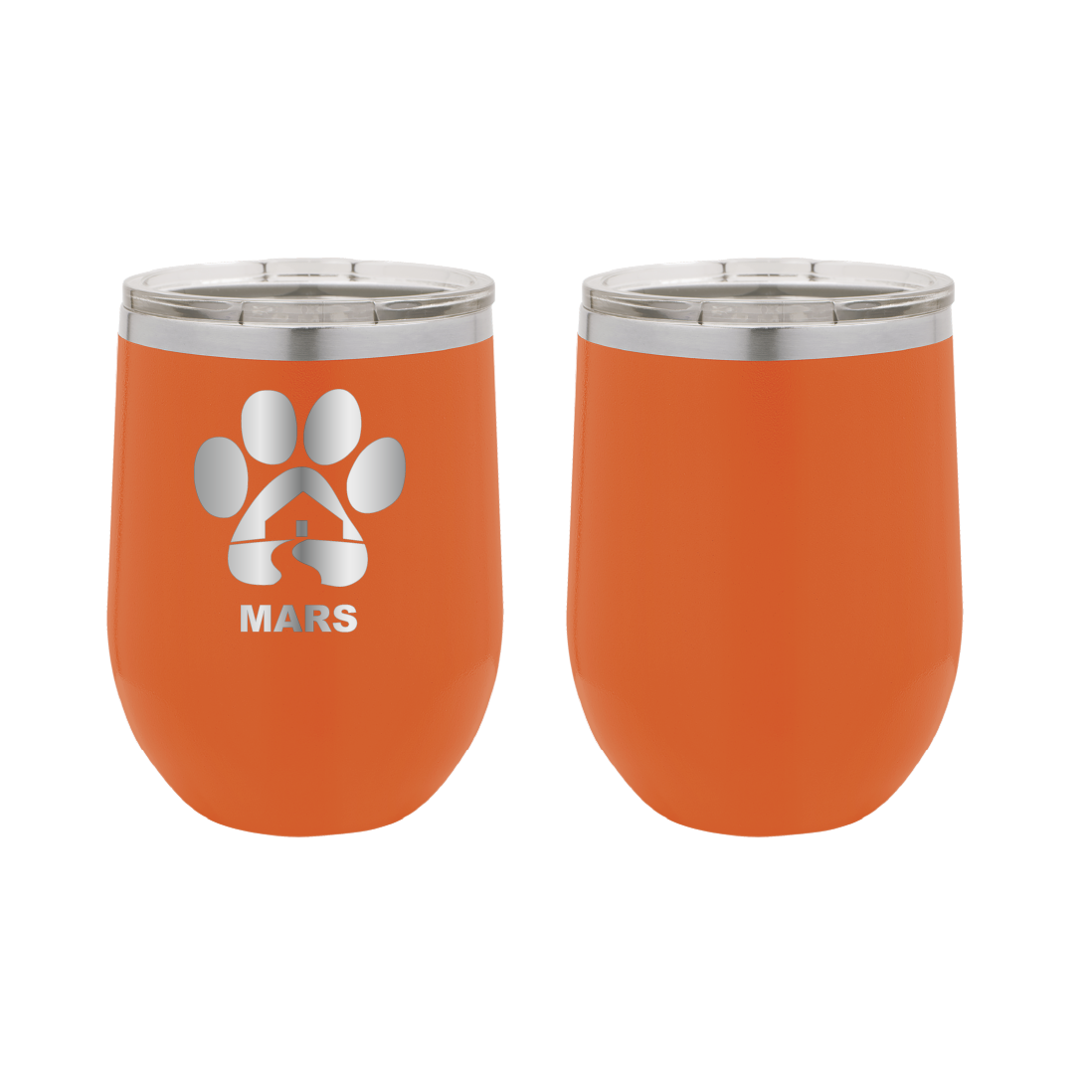 Orange 12 ounce laser engraved wine tumbler with the Midwest Animal Rescue & Services (MARS) logo.