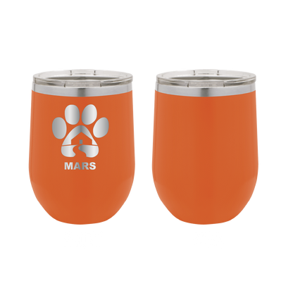 Orange 12 ounce laser engraved wine tumbler with the Midwest Animal Rescue & Services (MARS) logo.