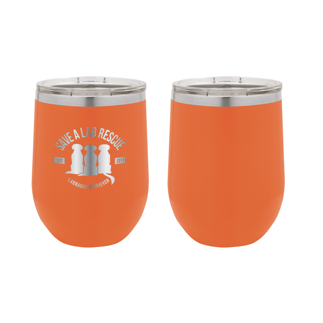 12 oz Wine Tumbler, laser engraved gift for mom's, dads and dog lovers. Orange tumbler with the Save A Lab logo.