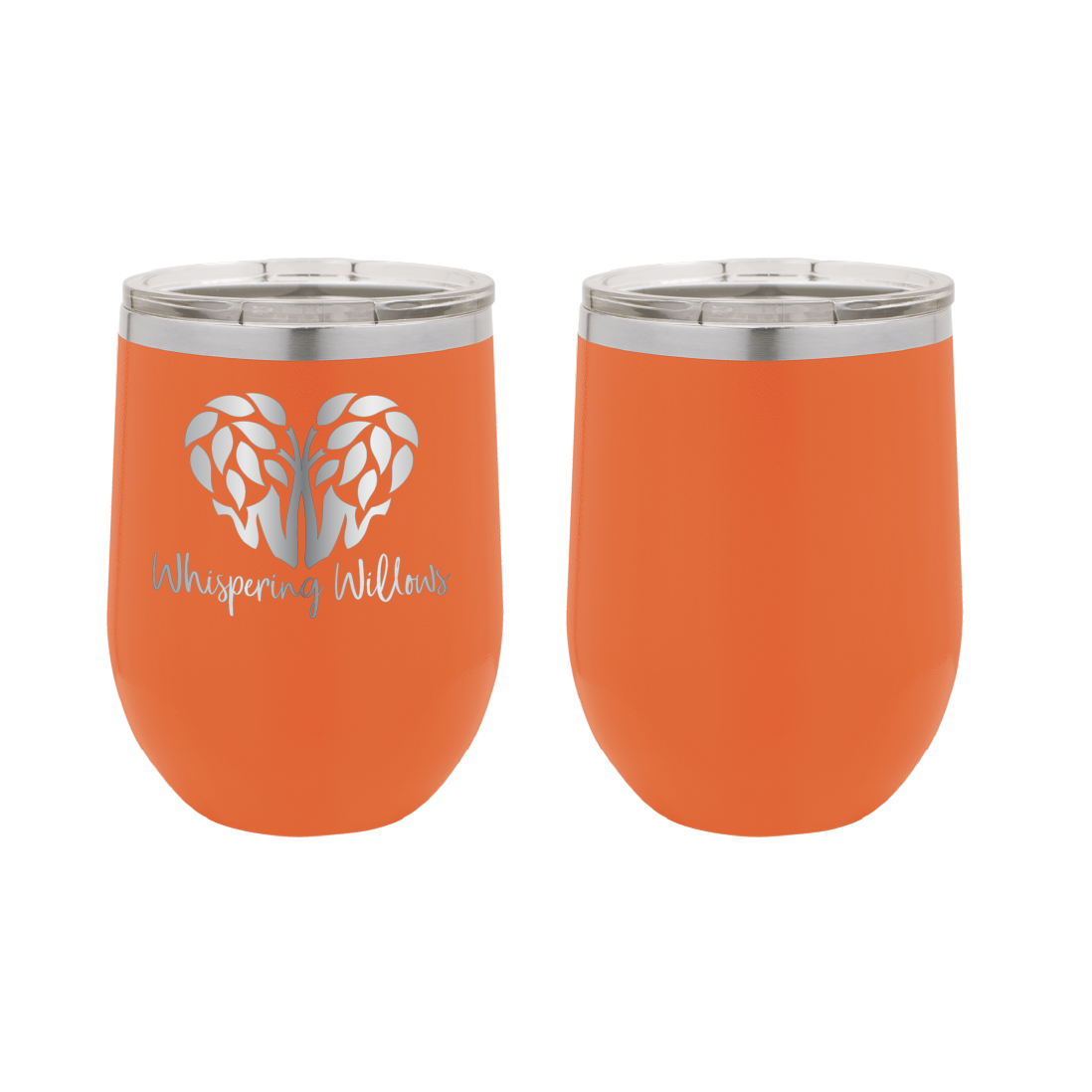 Orange laser engraved 12 oz wine tumbler featuring the Whispering Willows logo.