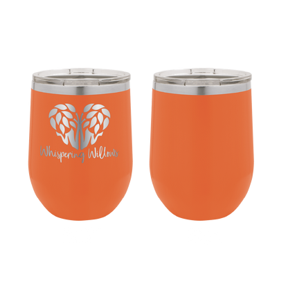 Orange laser engraved 12 oz wine tumbler featuring the Whispering Willows logo.