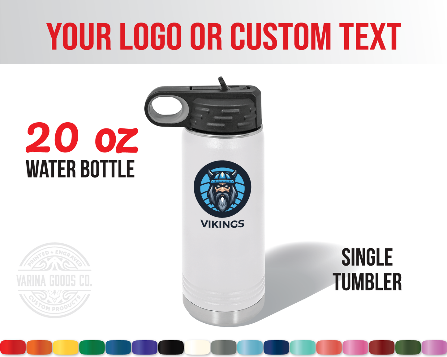 Full color printed 20 oz water bottle with flip top lid. Single tumbler.