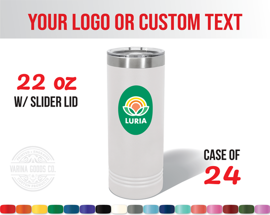 Full color printing on a 22 oz skinny tumbler. Case of 24. 