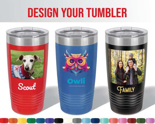 Full color printed 20 oz tumbler with slider lid. 17 colors available.