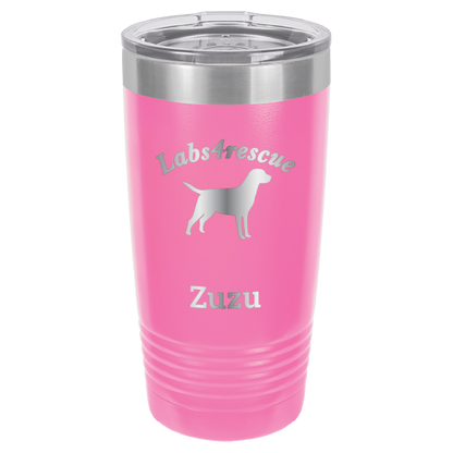 Pink laser engraved 20 oz tumbler featuring the Labs4rescue logo and the name Zuzu. 