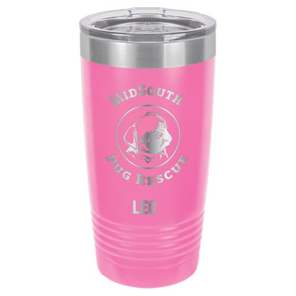 Pink laser engraved 20 oz tumbler featuring the MidSouth Pug Rescue logo and the name Leo 