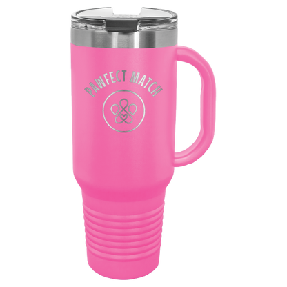 Hot pink 40 oz laser engraved tumbler featuring the Pawfect Match logo