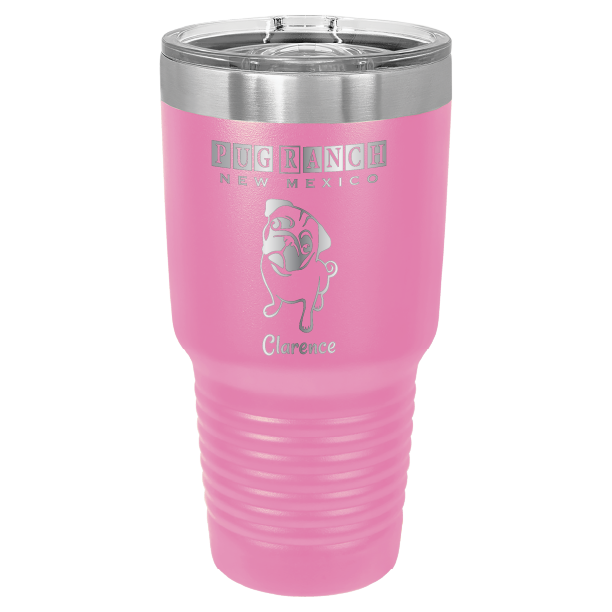 Laser engraved pink tumbler featuring Pug Ranch NM: 30 oz