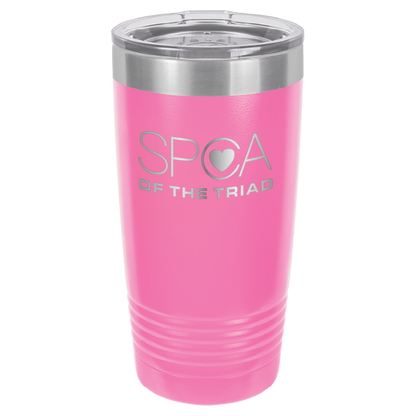 Pink laser engravved 20 Oz tumbler featuring the SPA of the Triad logo. 