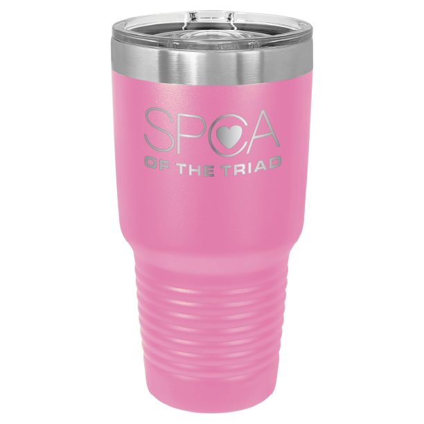 Pink 30 oz laser engraved tumbler featuring the SPCA of the Triad logo.