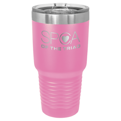 Pink 30 oz laser engraved tumbler featuring the SPCA of the Triad logo.