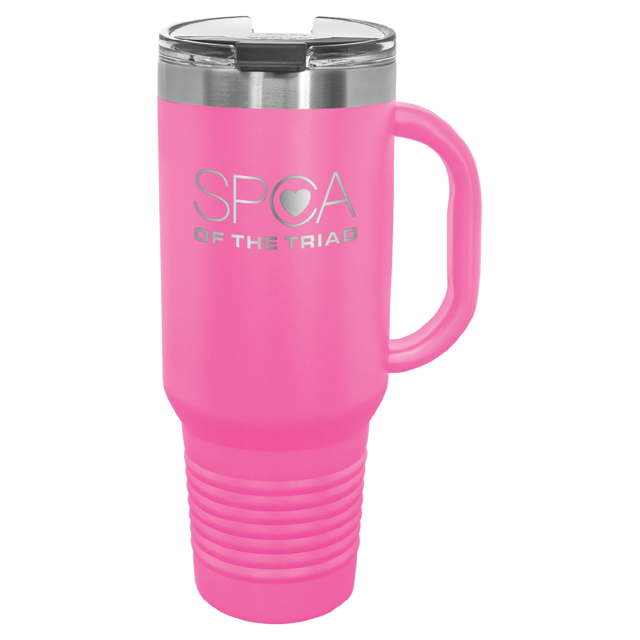 Pink 40 oz  laser engraved tumbler with the SPCA of the Triad logo.