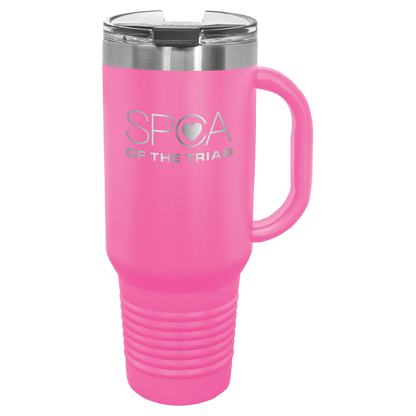 Pink 40 oz  laser engraved tumbler with the SPCA of the Triad logo.