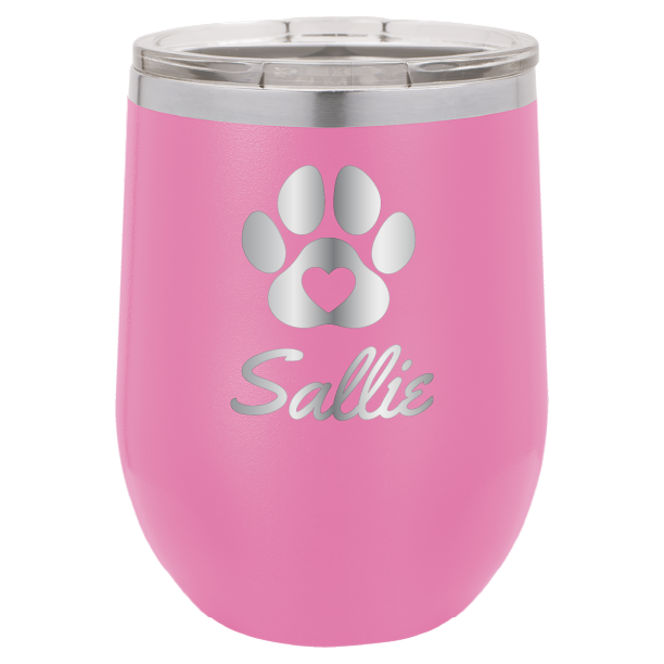 Laser engraved personalized wine tumbler featuring a paw print with heart, in pink