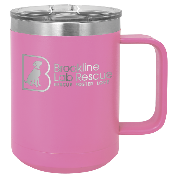 Pink laser engraved 15 of coffee cup featuring the Brookline Lab Rescue logo