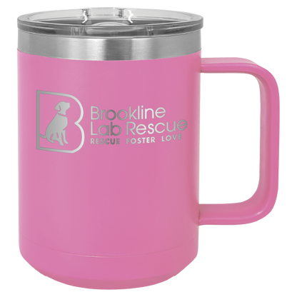 Pink laser engraved 15 of coffee cup featuring the Brookline Lab Rescue logo