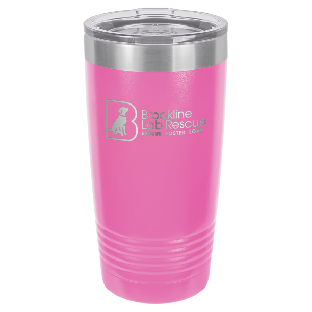 Pink laser engraved 20 ounce tumbler featuring the Brookline Lab Rescue logo