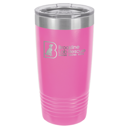 Pink laser engraved 20 ounce tumbler featuring the Brookline Lab Rescue logo