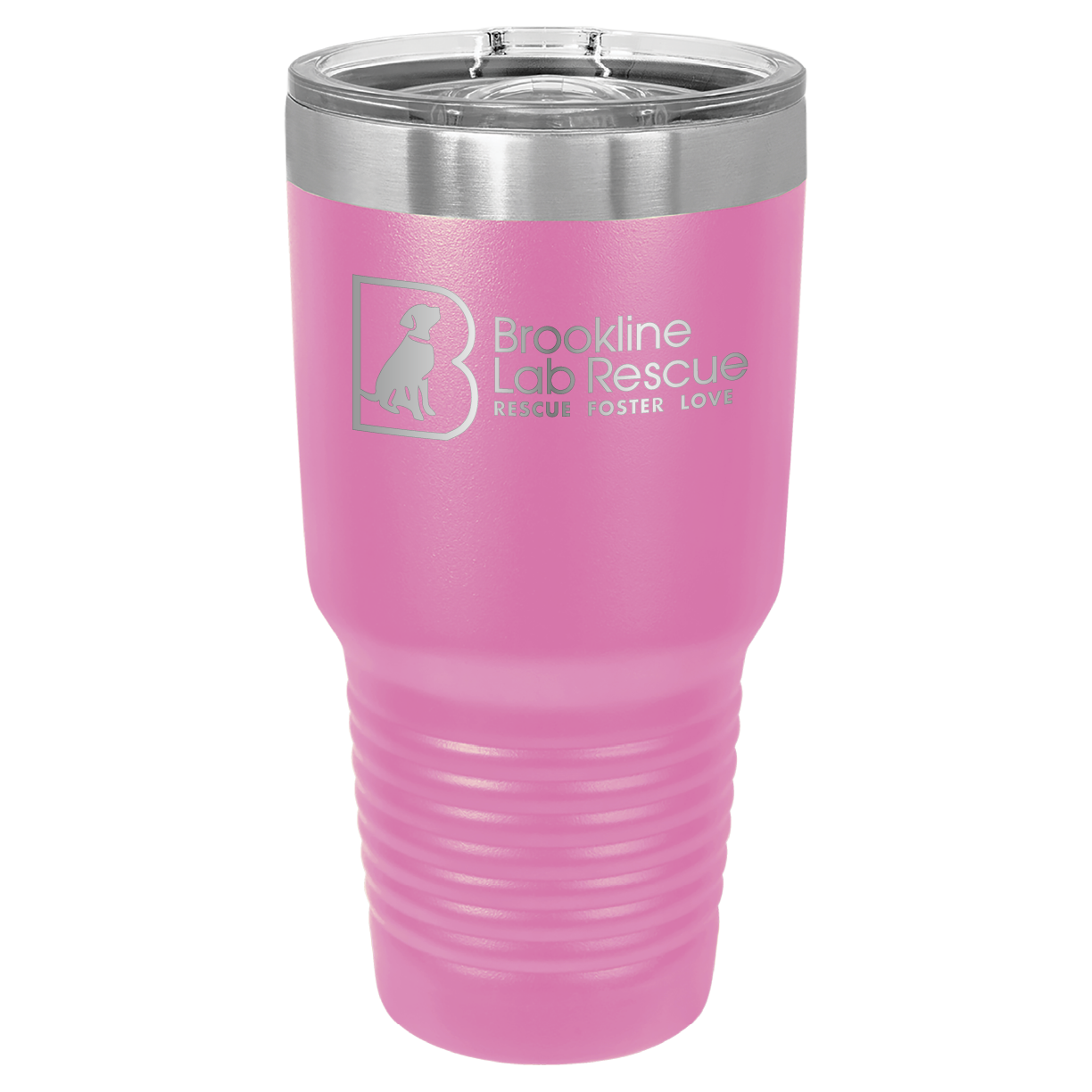 Pink laser engraved 30 oz tumbler featuring the Brookline Lab Rescue logo