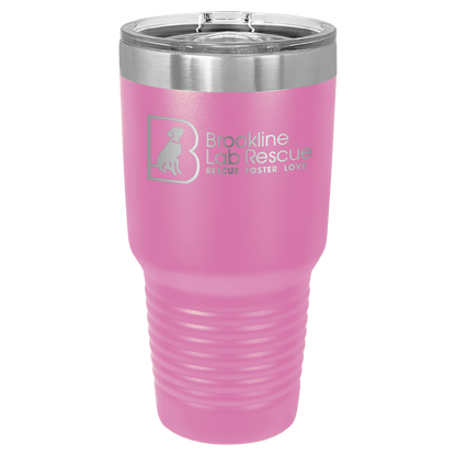 Pink laser engraved 30 oz tumbler featuring the Brookline Lab Rescue logo