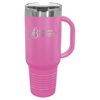 Pink laser engraved 40 oz tumbler with handle featuring the Brookline Lab Rescue logo